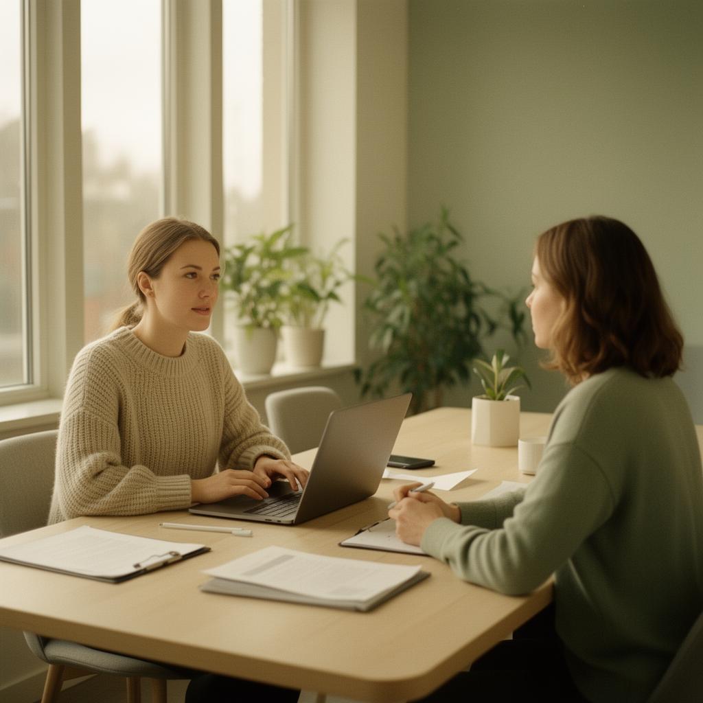 A health consultancy advisor meeting a client at a light oak table in a calm daylight workspace