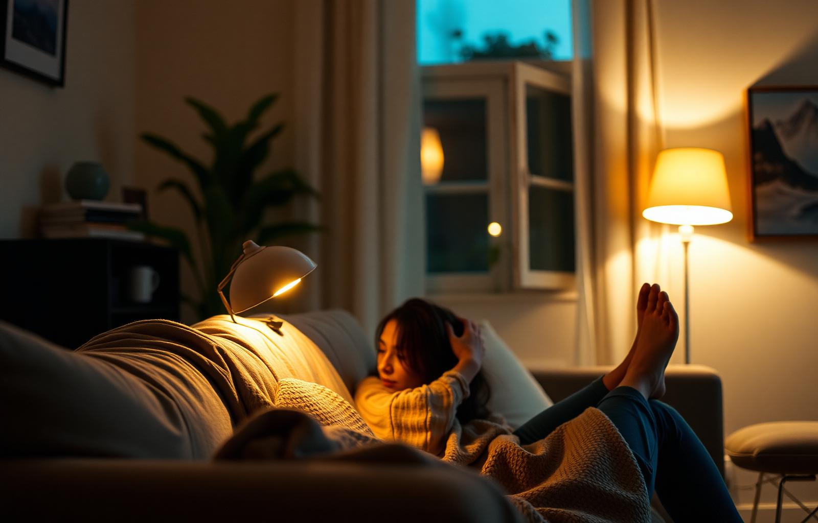 A calm evening scene, warm lamp light, hands holding a phone