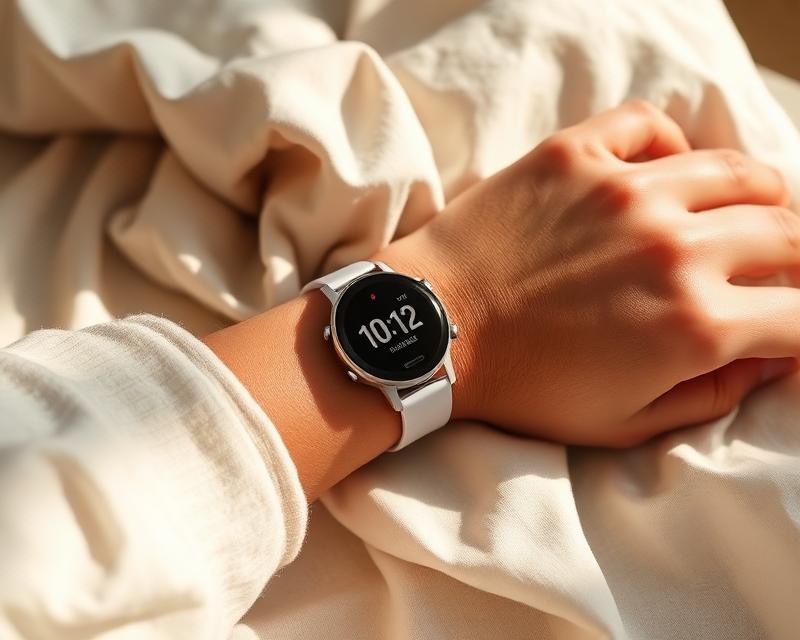 A wrist wearing a smart watch resting on soft linen in daylight